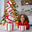 Coffret cadeau rouge et blanc avec lumières de Noël blanc chaud