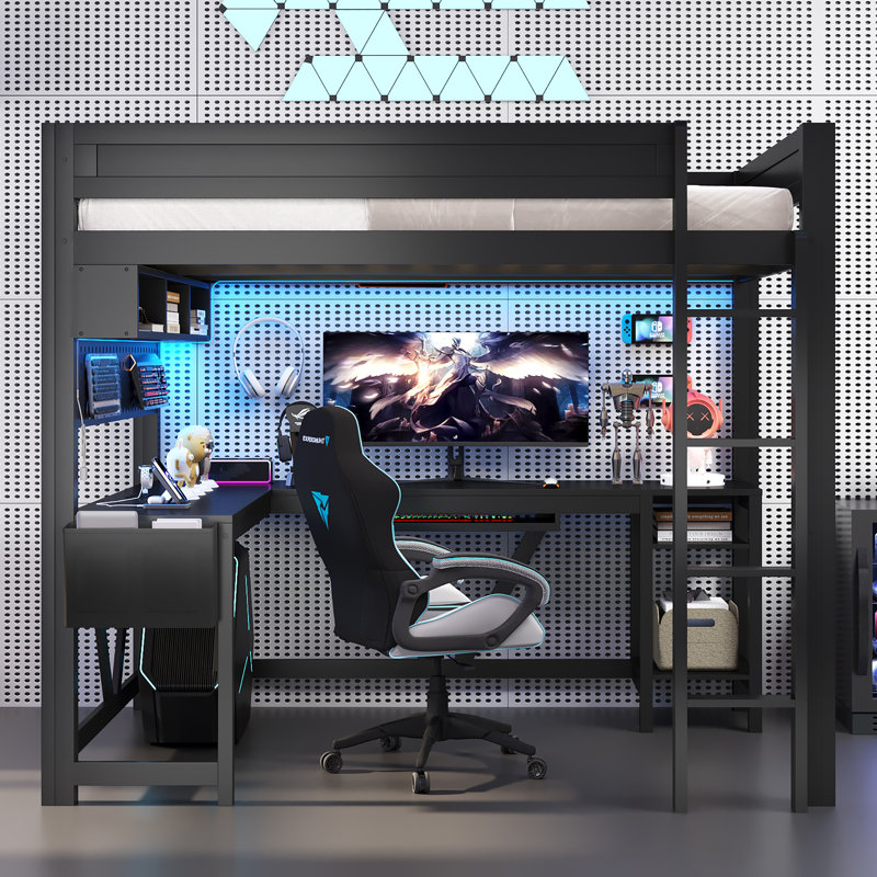 Full-Size Wood Gaming Loft Bed with Desk, Storage Shelves, LED Light & USB Charging Station, Black, Black