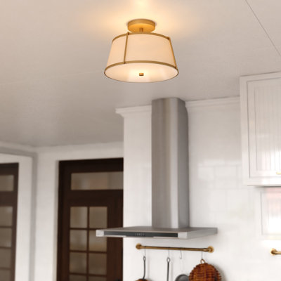 Marion 2-Light 13 In. Wide Mid-Century Modern Drum Semi Flush Mount Lighting Fixture, White Linen Shade, Dimmable LED Compatible For Low Ceilings, Bedroom, Hallway, Kitchen, Entryway