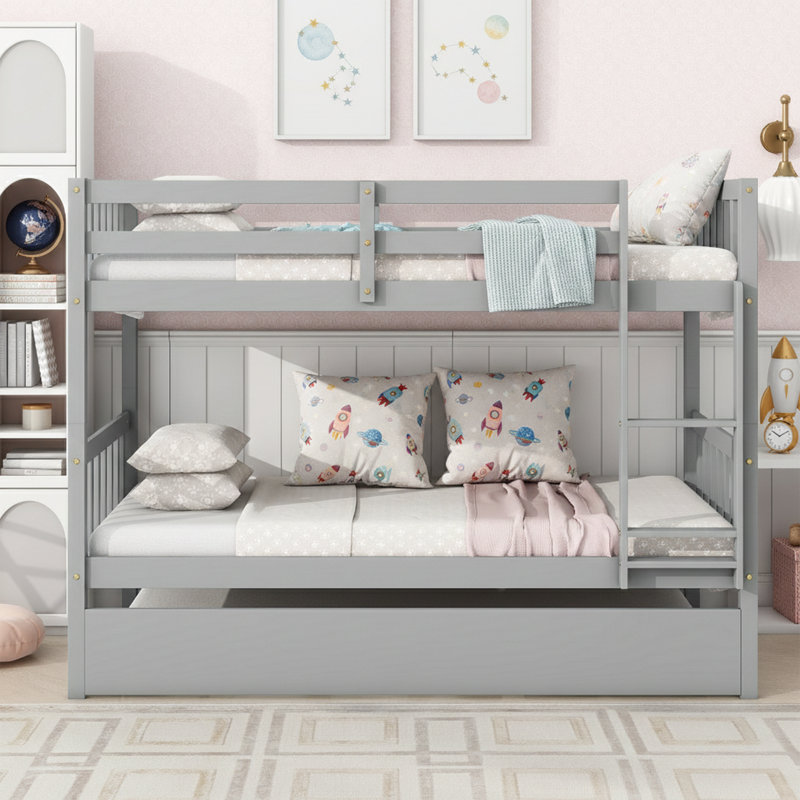 77" Solid Rubber Wood Bunk Bed with Trundle - Twin over Twin Convertible into 2 Separate Beds, Gray