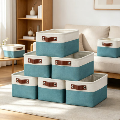 Petits paniers de rangement en tissu pour l'organisation, bacs pliables pour tablettes, placards, chambre de bébé, maison et bureau, ensemble de 6, lin avec poignées en cuir et structure en métal