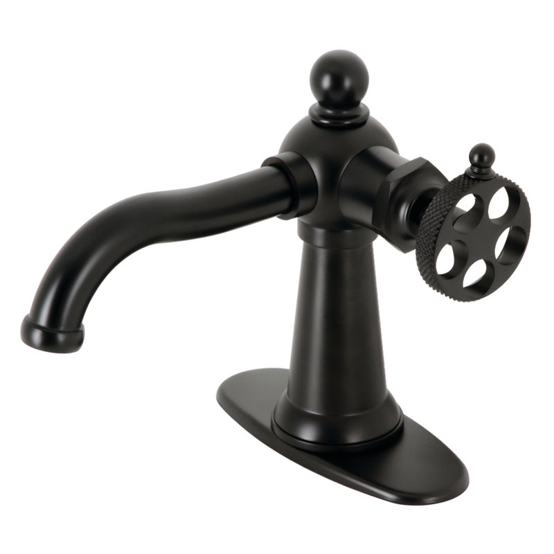 Kingston Brass Knight Single-Handle 1-Hole Deck Mount Bathroom Faucet with Push Pop-Up and Deck Plate, Matte Black