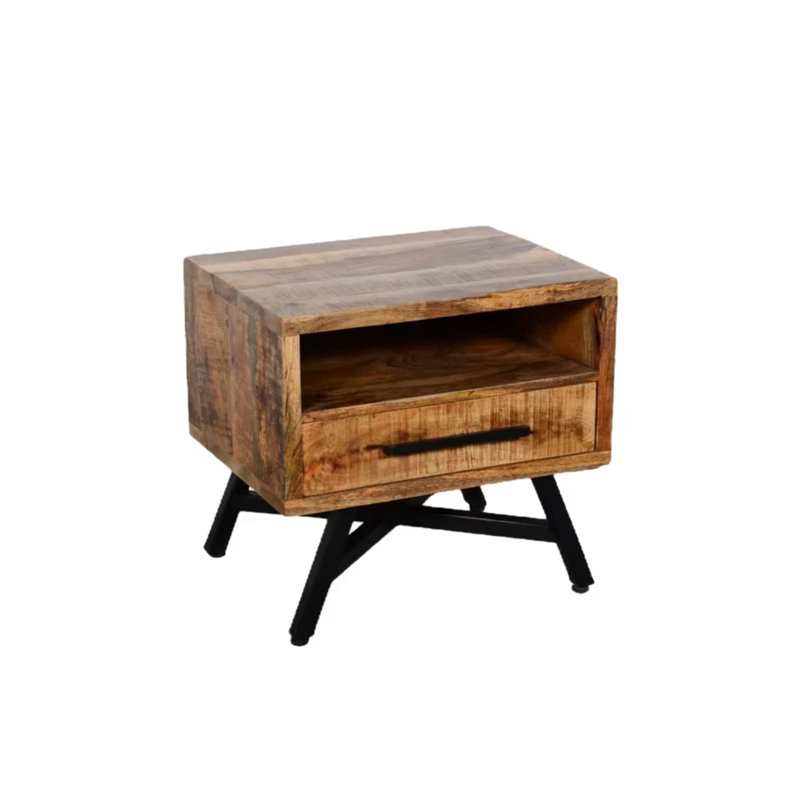 Table de chevet en bois de manguier avec tiroir et tablette de rangement ouverte