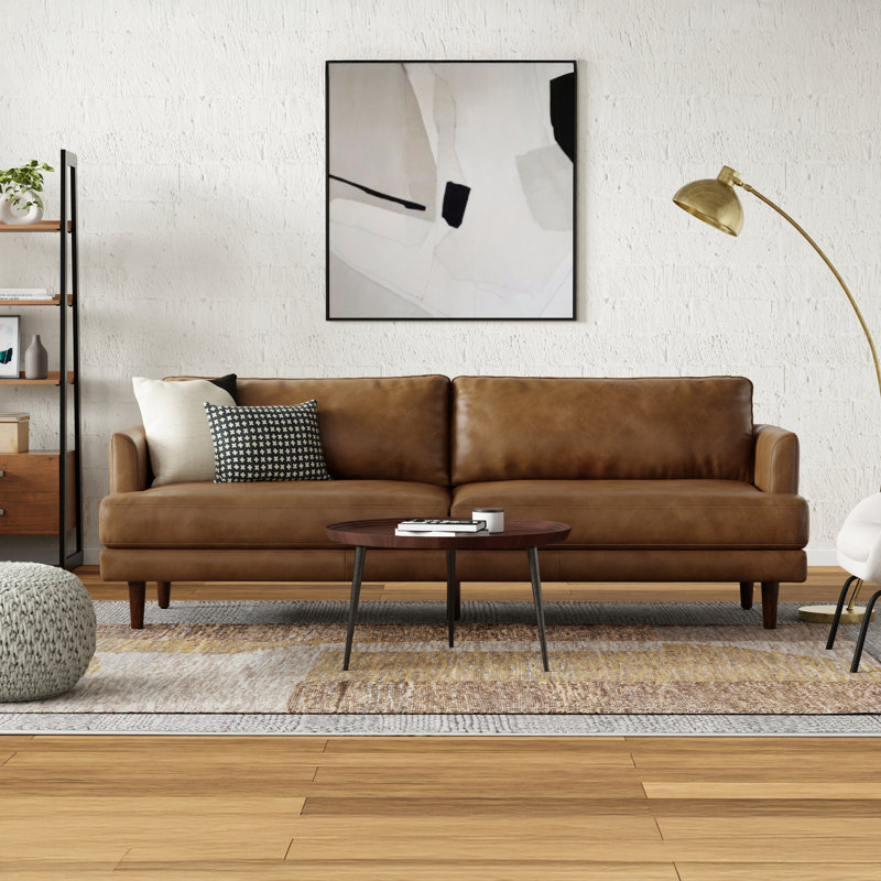 Canapé Mid-Century moderne en cuir véritable Livingston, L 90 po, Brun caramel 