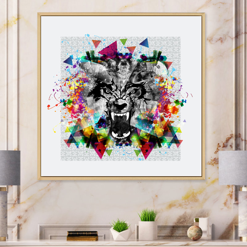 Motif de tigre coloré - peinture, H 36 po x l 36 po, Cadre flottant brun