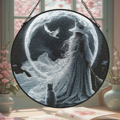 Panneaux de vitrail attrape-soleil en forme de balai de sorcière, chat et lune, pour la décoration de fenêtre