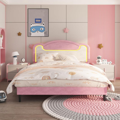 Full Size Pink White Upholstered Fabric Bed Frame With LED Lights Headboard Sturdy Wood Slat Support No Box Spring Needed Without Drawers For Room Use