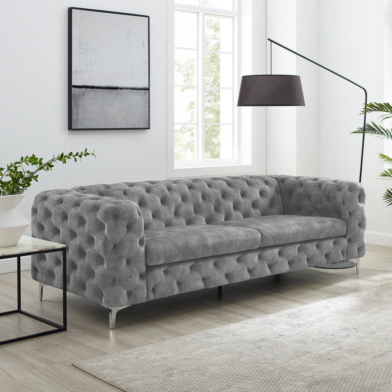 Ghaleb 237Cm Velvet Square Arms Sofa, Light Grey Polyester Blend, Silver