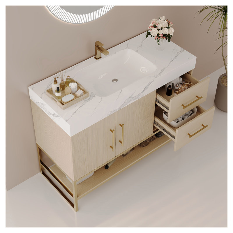 Meuble-lavabo moderne de 36 po avec plateau en pierre frittée, lavabo en céramique sans couture et meuble autoportant à décor doré
