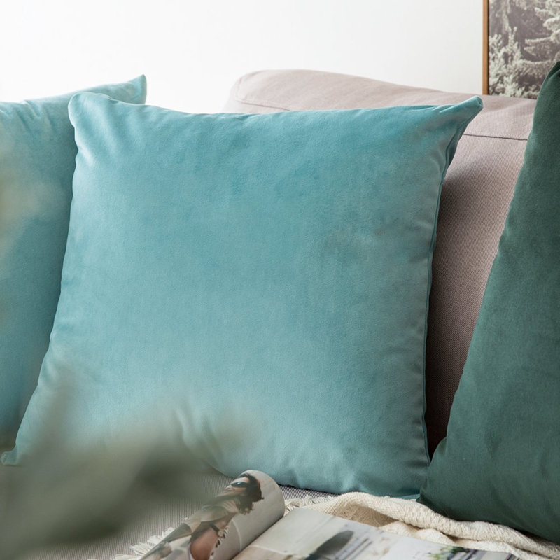 Housse de coussin en velours uni, Bleu-vert, H 18 po x l 18 po