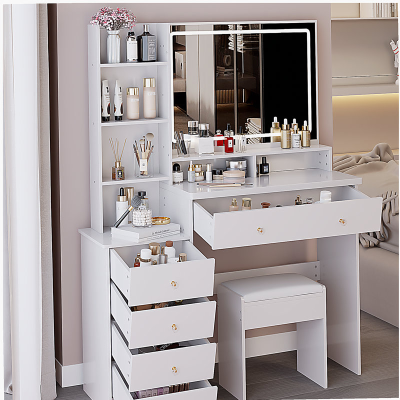41" Large Size Left Bedside Cabinet Vanity Table+Cushioned Stool, Extra Large Touch Control LED Mirror, 3-color Switch, Multi Layer High Capacity Storage Fashionable Dresser, Suitable For Large Space