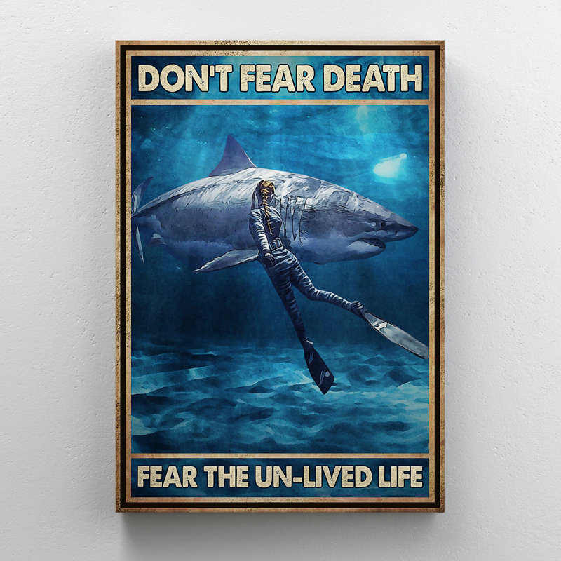 Scuba Diver With A Shark - Don't Fear Death, Fear Unlived Life Gallery Wrapped Canvas - Animal And Sports Illustration Decor, Gray And Blue Bedroom Decor