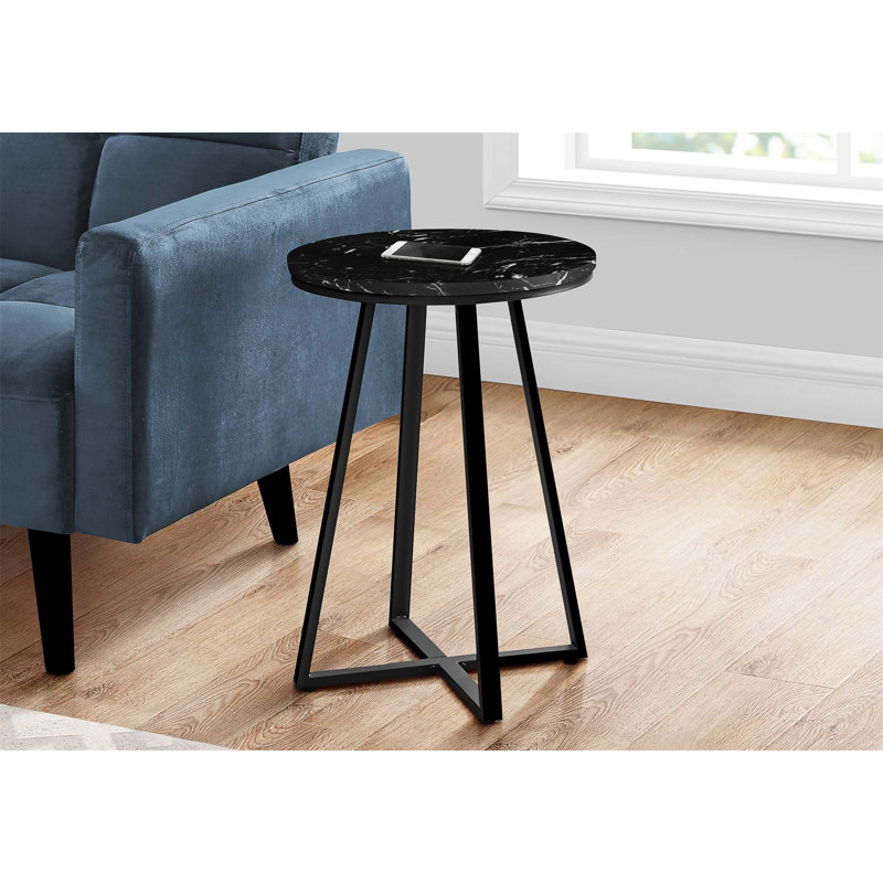 Table d'appoint, côté, rond, bout, table de chevet, lampe, stratifié d'aspect marbre, métal noir, Noir