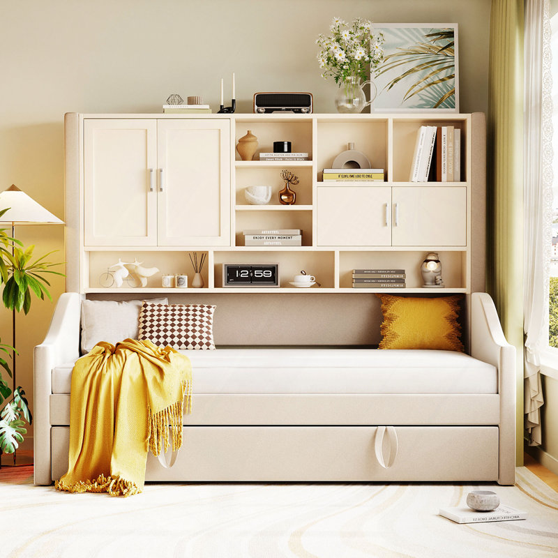 Lit de jour rembourré avec éclairage d'accoudoirs à DEL, tablettes et armoires de rangement, lit gigogne escamotable, Beige