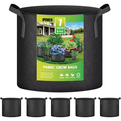 iPower 7 Gallon 5 Pack Plant Grow Bags Thickened Nonwoven Aeration Fabric Pots Heavy Duty Durable Container, Strap Handles for Garden