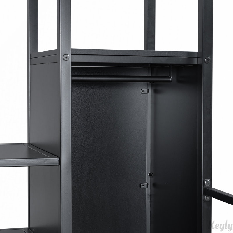 Lit mezzanine en métal avec poste de travail intégré, garde-robe, escalier de rangement et DEL, Noir