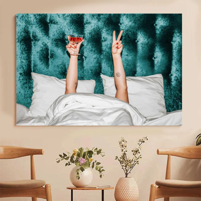 1Pc Framed Canvas Poster Print Cheers to Peace Raising a Glass in Bed Wall Art Decor, Perfect for Room Decor Living Room Bedroom Office Kitchen Bathroom Home Decor, Ideal Home Wall Decoration Gift