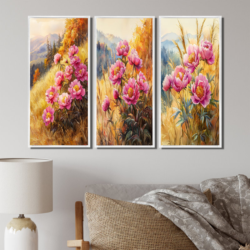 Pivoines à l'automne, coteau I - Collection d'art mural traditionnel, H 32 po x l 48 po, Impression encadrée flottante, Blanc