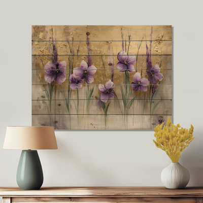 Minimalist Golden Lavender Bouquet Bloom - Lavender Wood Wall Art - On Natural Pine Wood