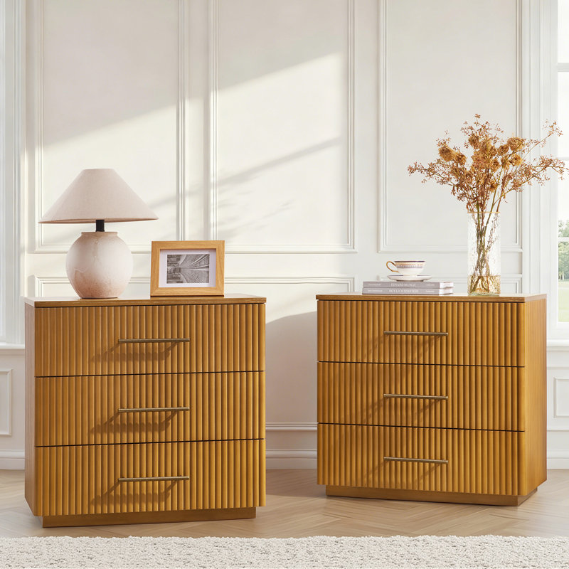 Kaybri 26''W Modern 3-Drawer Fully Assembled Fluted Nightstand with Solid Wood and Charging Station, Teak