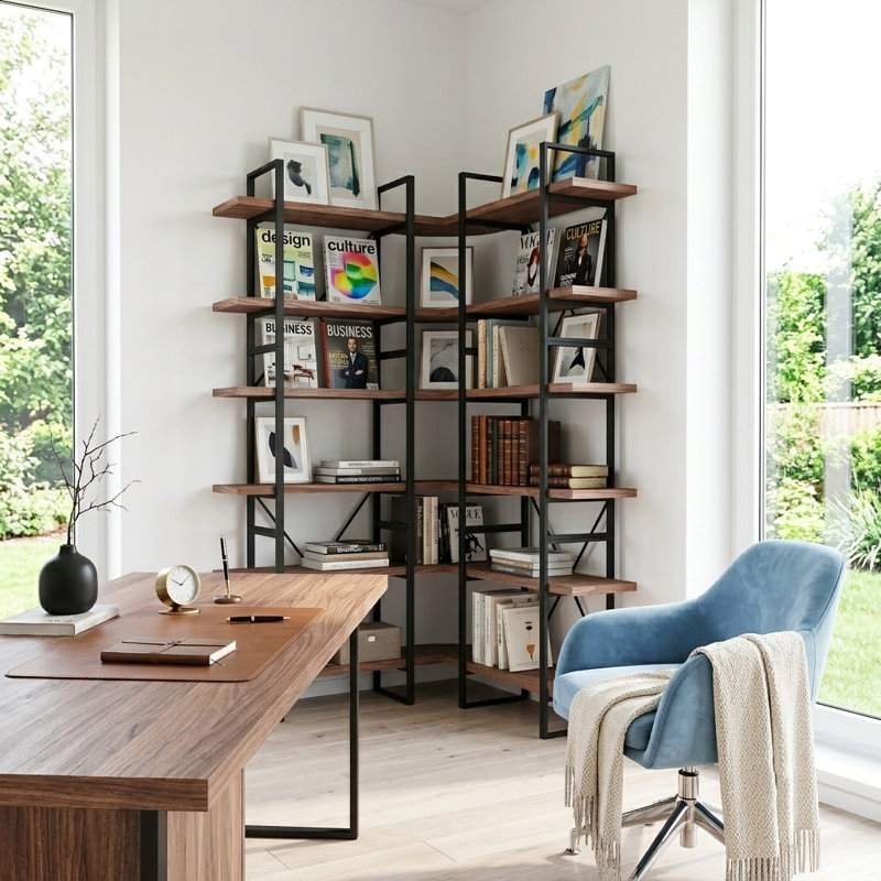 Bibliothèque d'angle industrielle en forme de L, 85,83 po H x 47,44 po L, grande tablette à 6 niveaux avec cadre en métal et entretoise en X