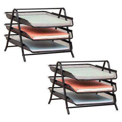 3-Tier Paper Tray, Desktop Organizer, File Storage, Metal Mesh, Set of 2, Black