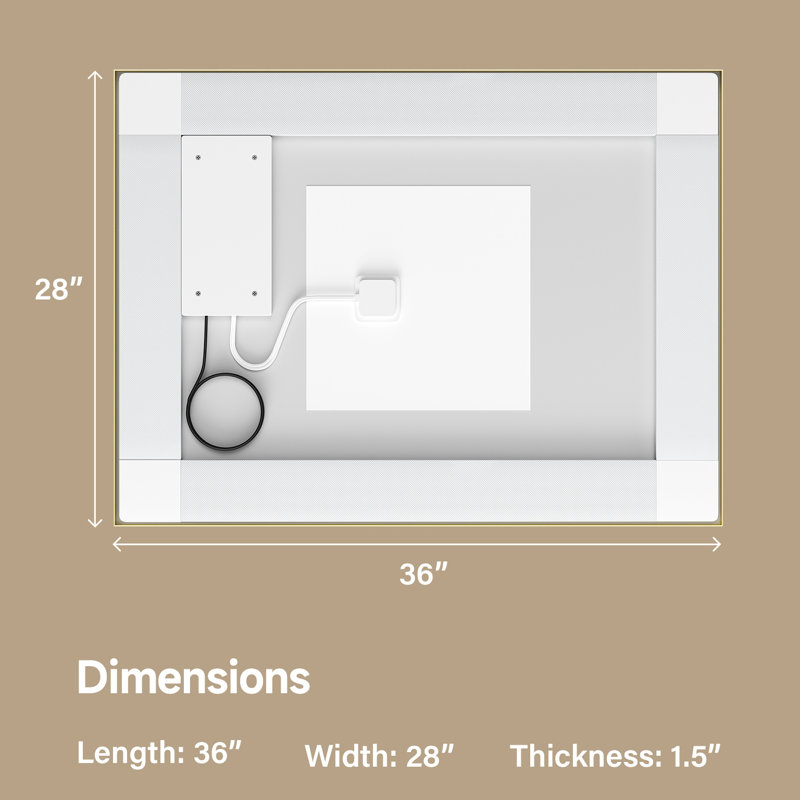 Miroir de 28 po x 36 po à cadre doré, lumières à DEL doubles, éclairage avant et arrière, verre brisé de 4 mm, températures de couleur réglables, gradation continue, fonction de brouillard, configuration horizontale ou verticale, ul