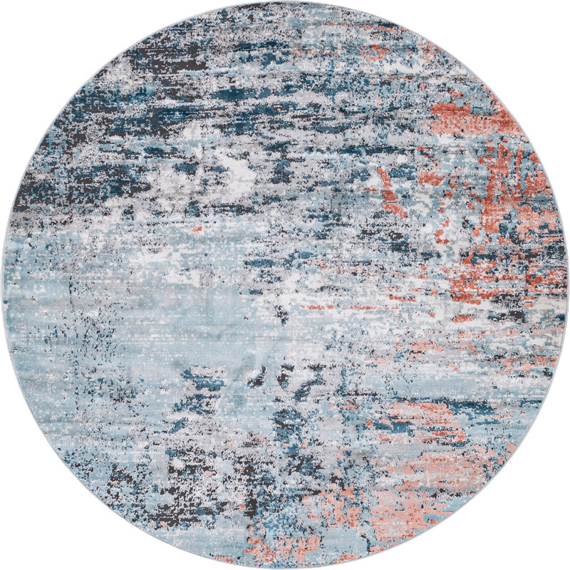Tapis abstrait bleu / noir / orange en polypropylène tissé à la machine, Rond 7 pi