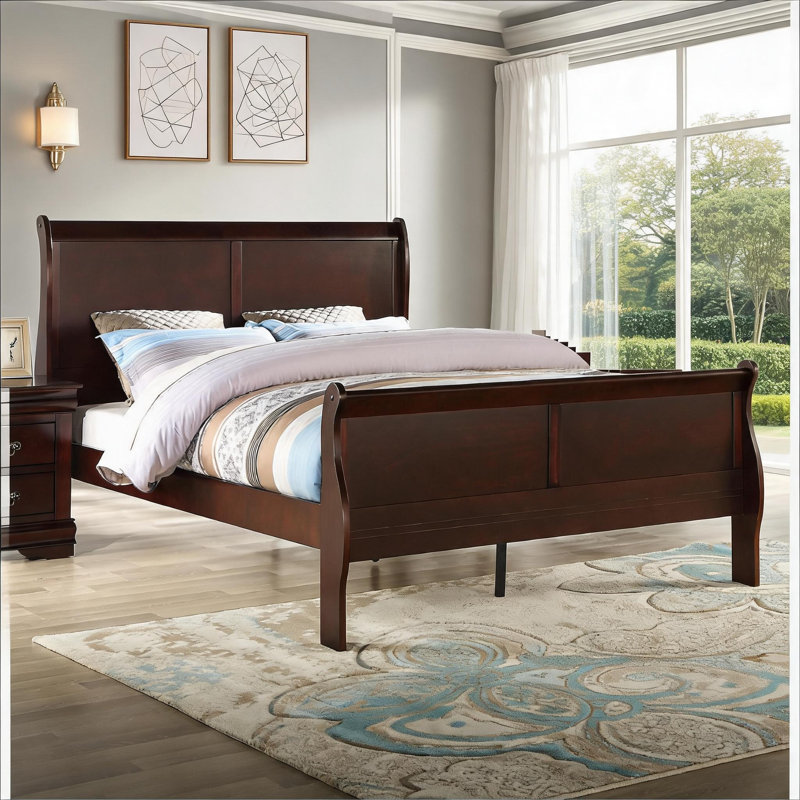 For Bedroom Residential Use, Queen Size Panel Sleigh Bed Crafted From Solid Wood with Brown Cherry Finish, Brown