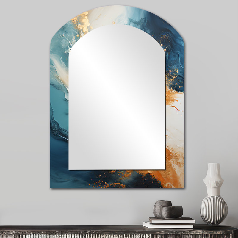 Modern Coastal Blue River - Teal Coastal Arch Wall Mirror, 34" x 25"