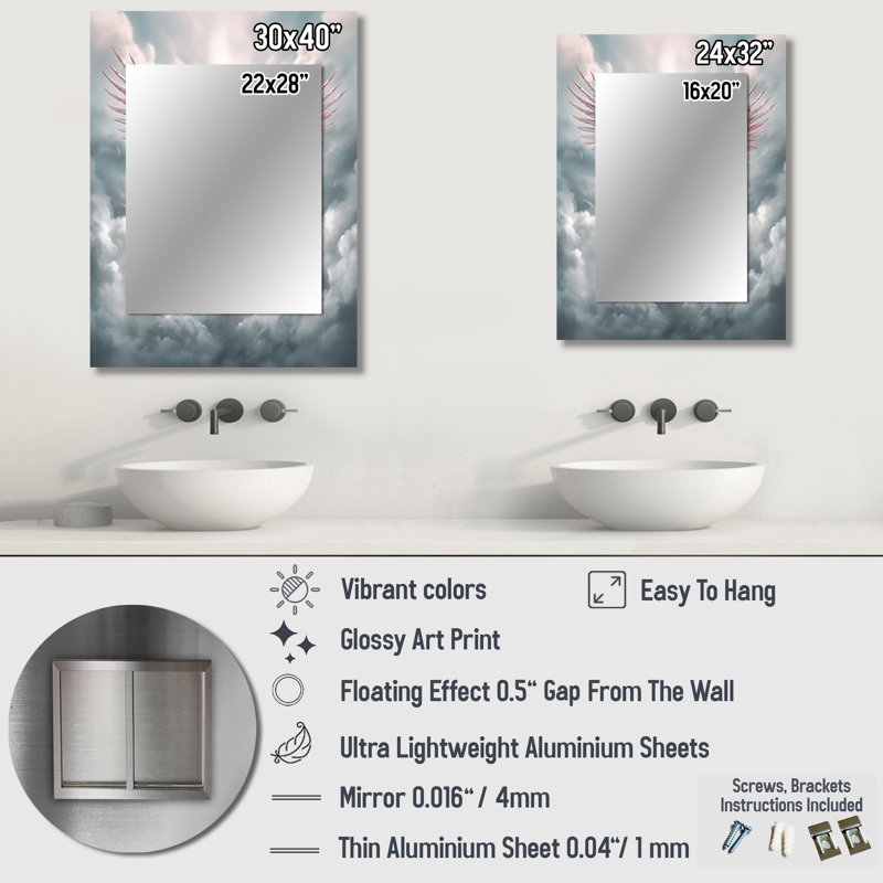 «Majestic White Bird In The High Skies I», miroir mural unique, reproduction d'art moderne, 32 po x 24 po