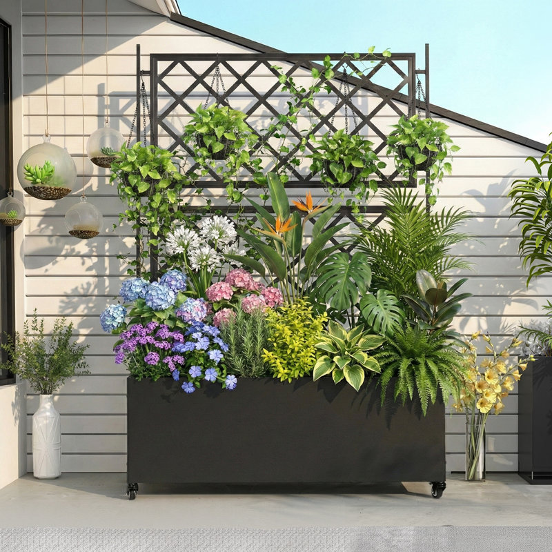 47 X 15.75 X 70 In. Iron Rolling Planter Box With Trellis