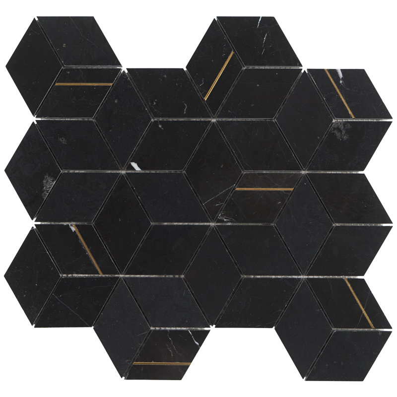 Utopia 14" x 12" Marble and Brass Geometric Mosaic Wall Tile (1.11 Sq. Ft. / Sheet), Nero