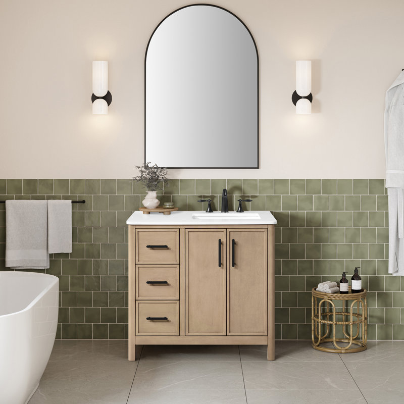 OVE Decors Solas 36 In. Single Sink Freestanding Sahara Birch Bathroom Vanity With White Engineered Stone Top, 36"