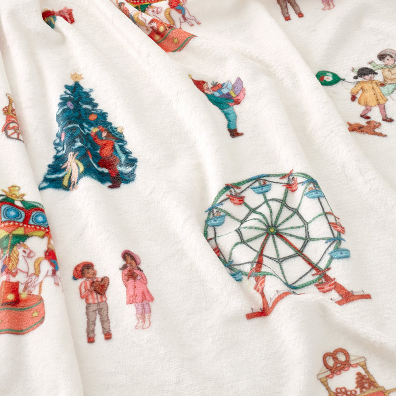 Cosy Fleece Blanket Throw, Christmas Fairground, Cream