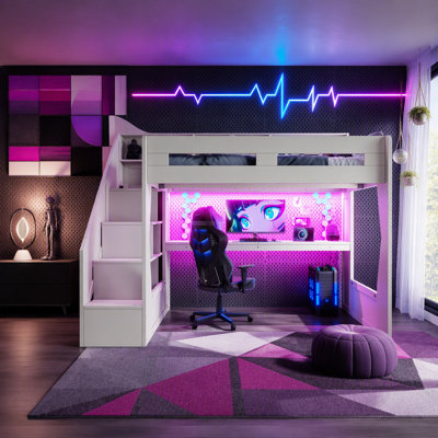 Lit mezzanine pleine grandeur avec escalier de rangement et tablettes de tête de lit ouvertes, bureau à DEL avec charge USB, cadre de lit mezzanine surélevé avec découpe en forme de maison pour les joueurs, beige