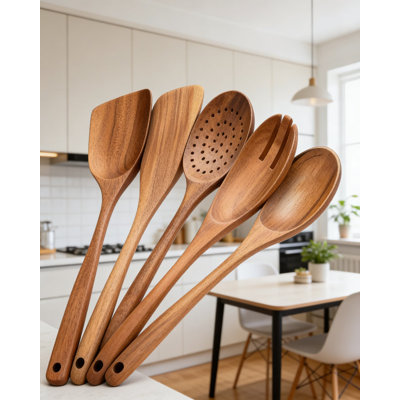 6-Piece Teak Wooden Utensil Set For Cooking - Natural Wood Spoons, Spatulas And Ladle For Non-Stick Cookware - Eco-Friendly, Durable And Heat-Resistant Kitchen Tools