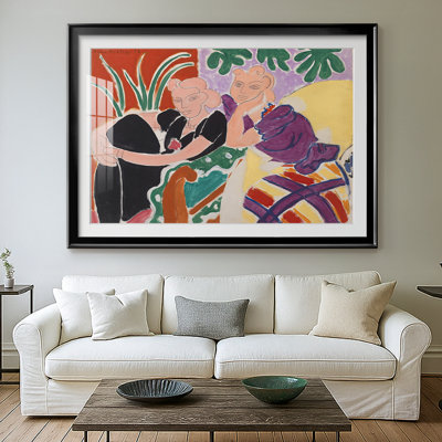 Deux filles dans un intérieur rouge et jaune-Henri Matisse-Reproduction encadrée avec passe-partout et verre-1947