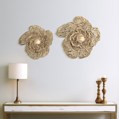 Art mural décoratif à fleurs ouvertes pour la maison ou la cuisine - ensemble de 2 décorations murales décoratives modernes en métal doré
