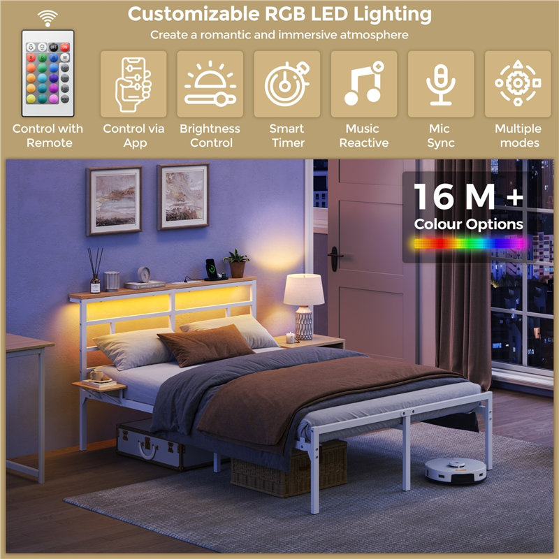 Metal Bed Frame with Charging Station & LED Headboard & Movable Storage Rack, Double (4'6), White