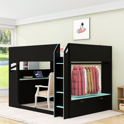Full Wooden Two Drawers Loft Bed With Desk, Light Strip And USB Ports