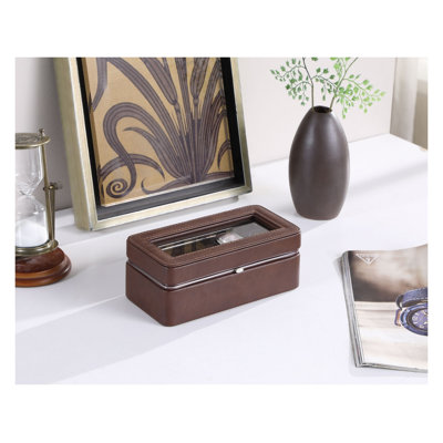 Vitrine pour montres 4 emplacements en verre trempé de 8 pouces et similicuir avec bordure chromée, marron