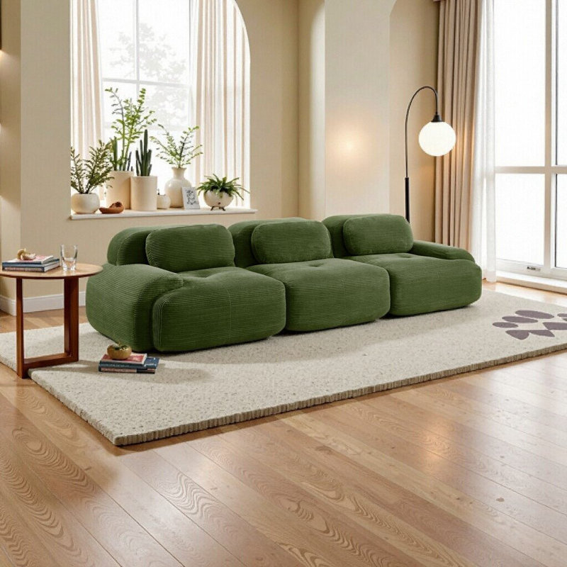 Canapé en velours côtelé vert olive de qualité supérieure 3 places - Modulaire, sans assemblage, confort ergonomique pour le salon et la chambre à coucher