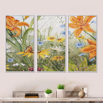 Orange Wildflowers In The Meadows III - Cottage-Floral Framed Canvas Wall Art Set Of 3 -  Design Art, FL25386-3P-WH