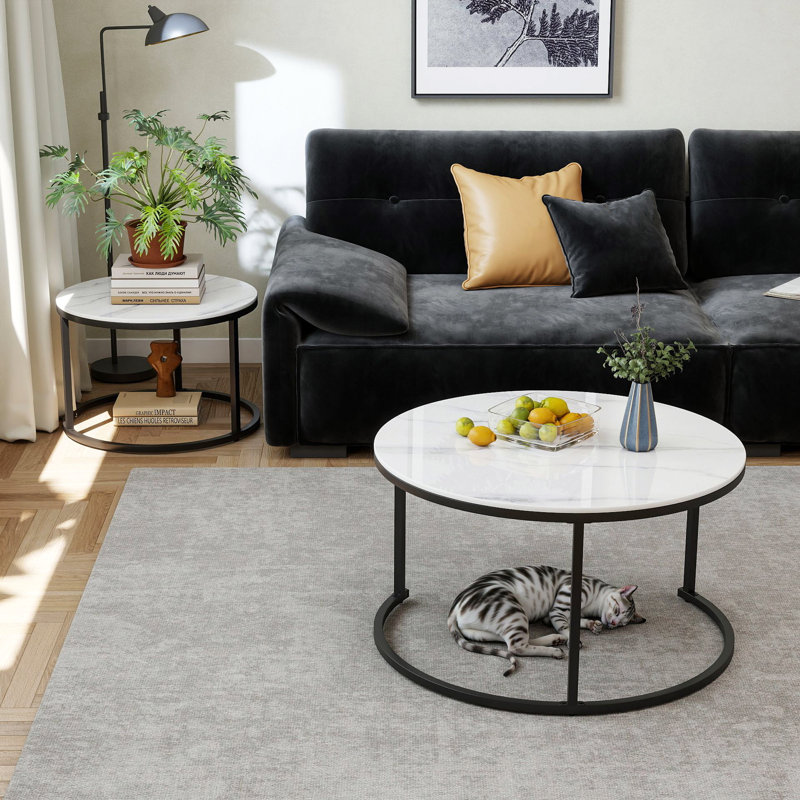 Nesting Coffee Table Set of 2 White Gloss Sintered Stone for Living Room, 17.72" H x 26.77" L x 26.77" W, White