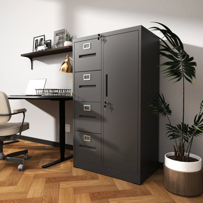 Vertical Filing Cabinet, Black, Made From Cold - Rolled Steel, Full Extension Bearing Suspension, Spacious For A4/F4/Legal/Letter Size Files Black Metal Storage 4 Drawers, Interlocking System,