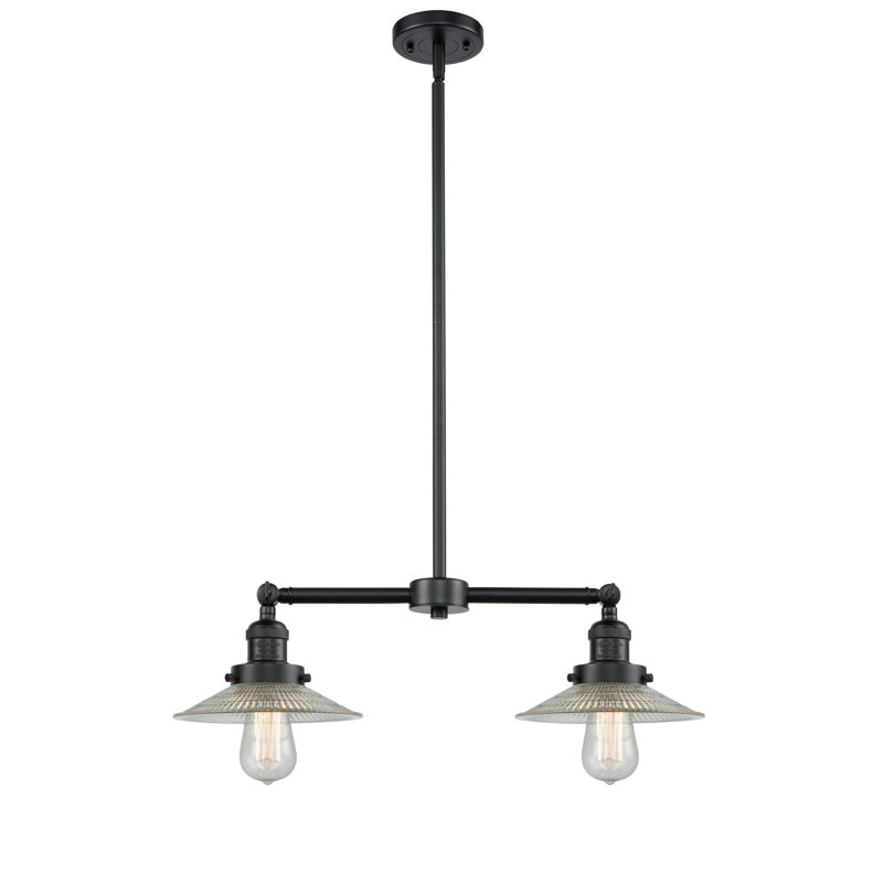 Luminaire suspendu linéaire à 2 lumières pour îlot de cuisine Miramontes, Halophane transparent, Bronze huilé