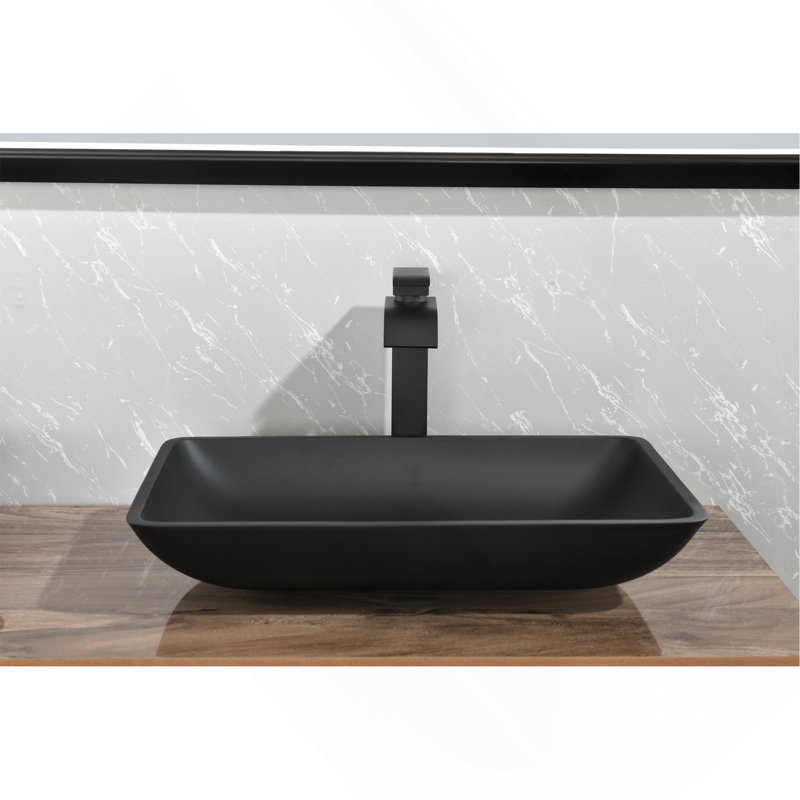 Lavabo de salle de bain vasque rectangulaire 22 po x 14 po, verre noir mat avec robinet assorti et bonde escamotable