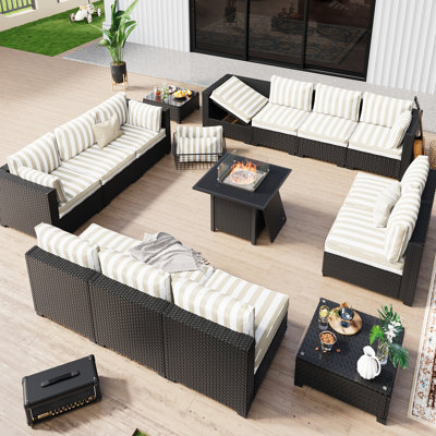 Fully Assembled Chairs, 12-Person Patio Conversation Set Black Chaise Lounge Modular Seating Outdoor Furniture With Fire Pit