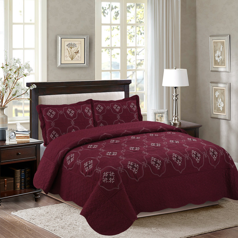 Ensemble de courtepointe réversible en microfibre 3 pièces p-emma, Courtepointe très grand californien + 2 taies, Bourgogne